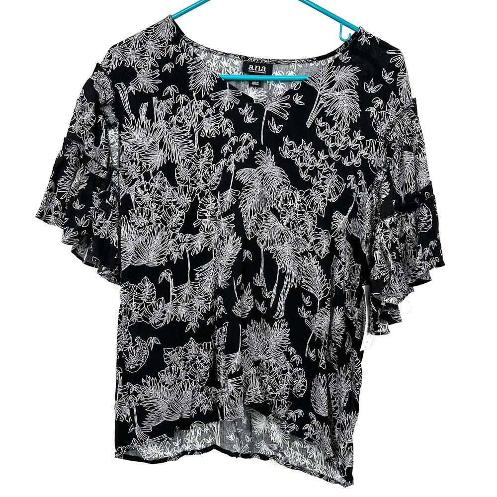 ANA Size XS Blouse Black & White Palm Trees Drape Loose Short Sleeve Casual Work
